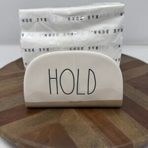 Rae Dunn By Magenta White Ceramic HOLD Napkin Holder With Printed Napkins NEW